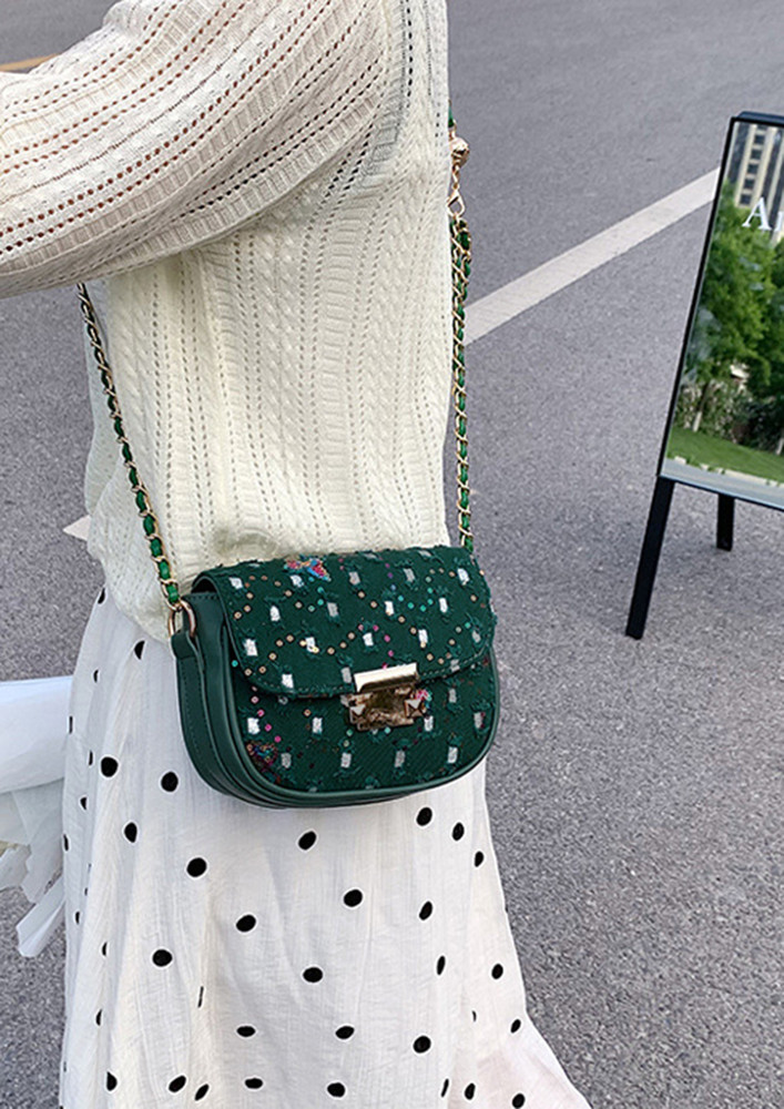 Pretty Plz Embellished Green Sling Bag