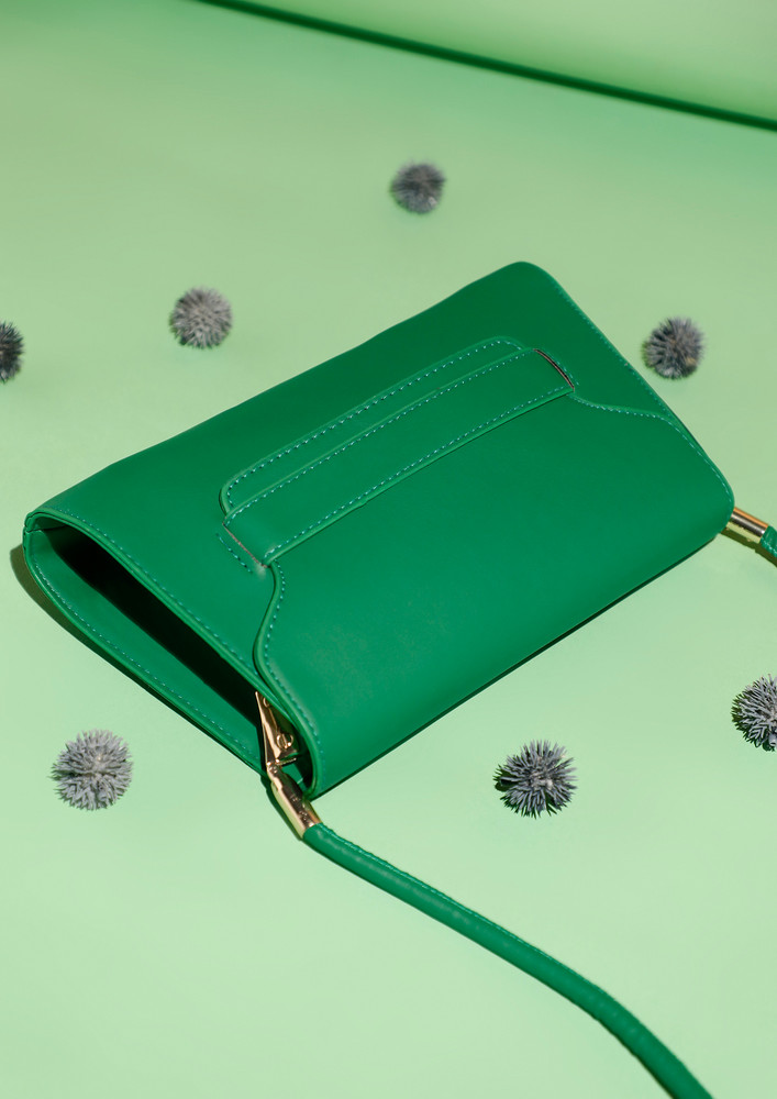 Buckle Up Solid Green Leather Handbag