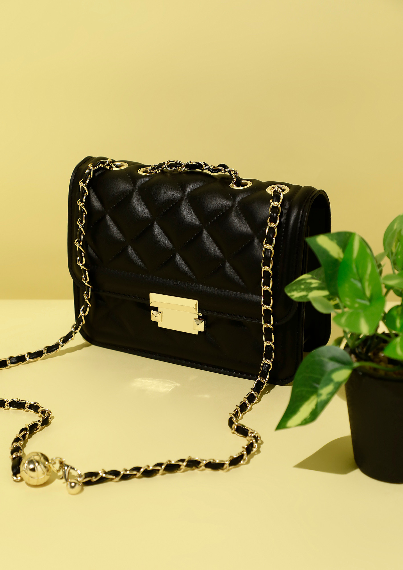 Buy BLACK IN LEATHER QUILTED CHAIN LINK SLING BAG for Women Online in India