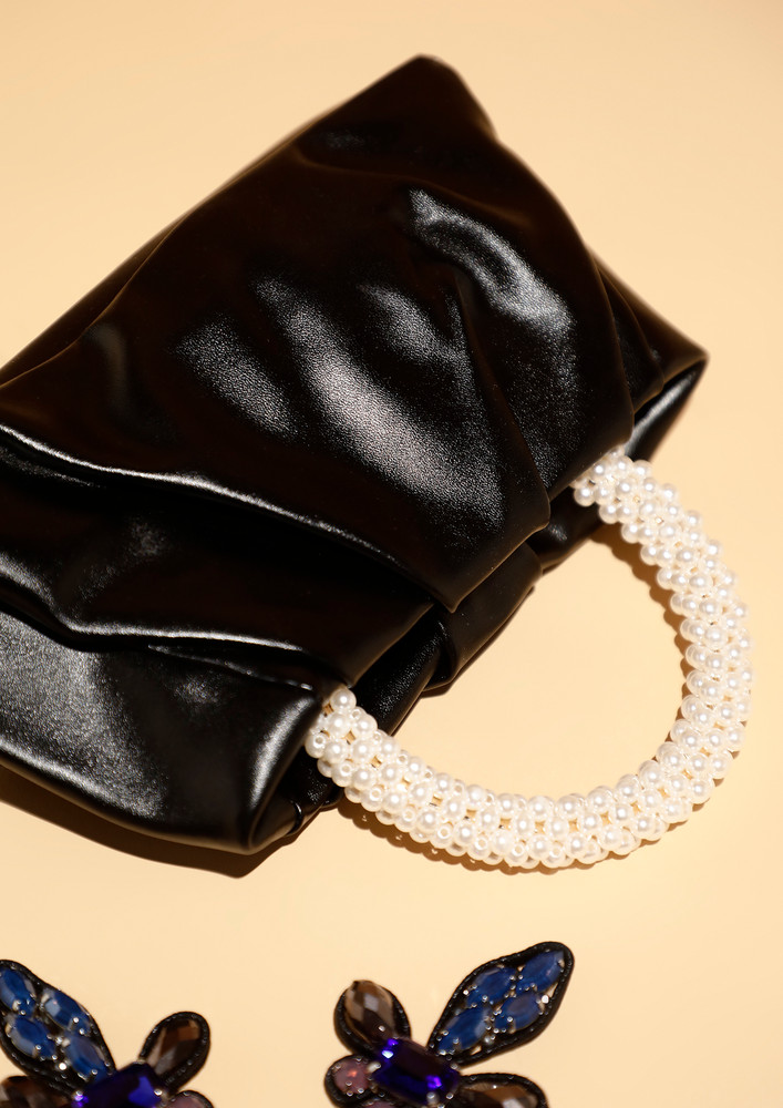 Crazy Leather & Pearls Black Handbag 