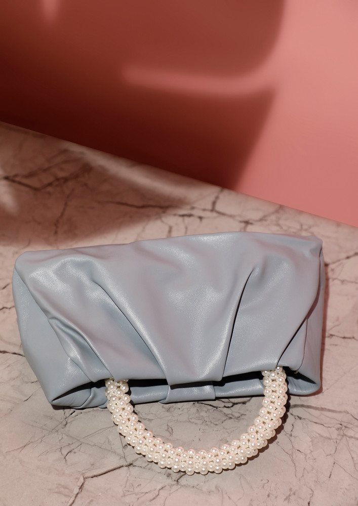 Crazy Leather & Pearls Blue Handbag 