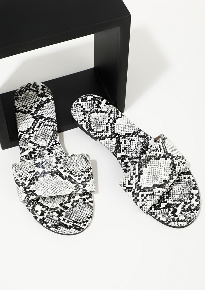 Win The Day White Printed Slip-on Flat Sandals