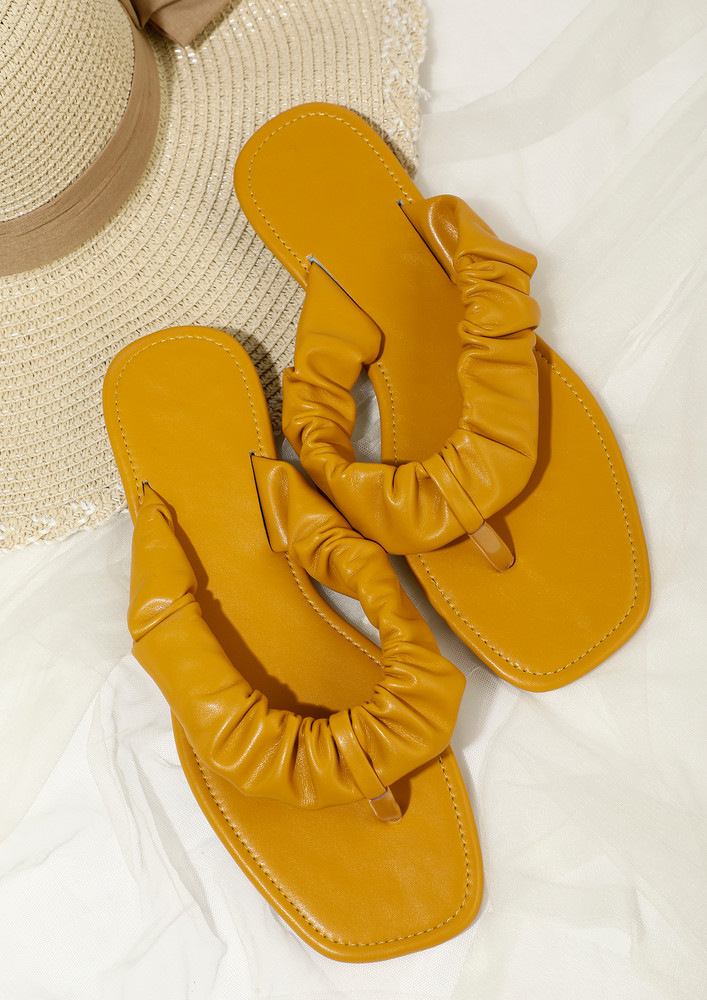 All Ruched And Everything Solid Yellow Flat Slippers