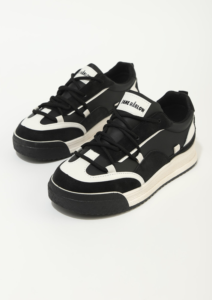ROCK THE WORLD CASUALLY WITH BLACK-WHITE LACE-UP SPORTY SNEAKERS