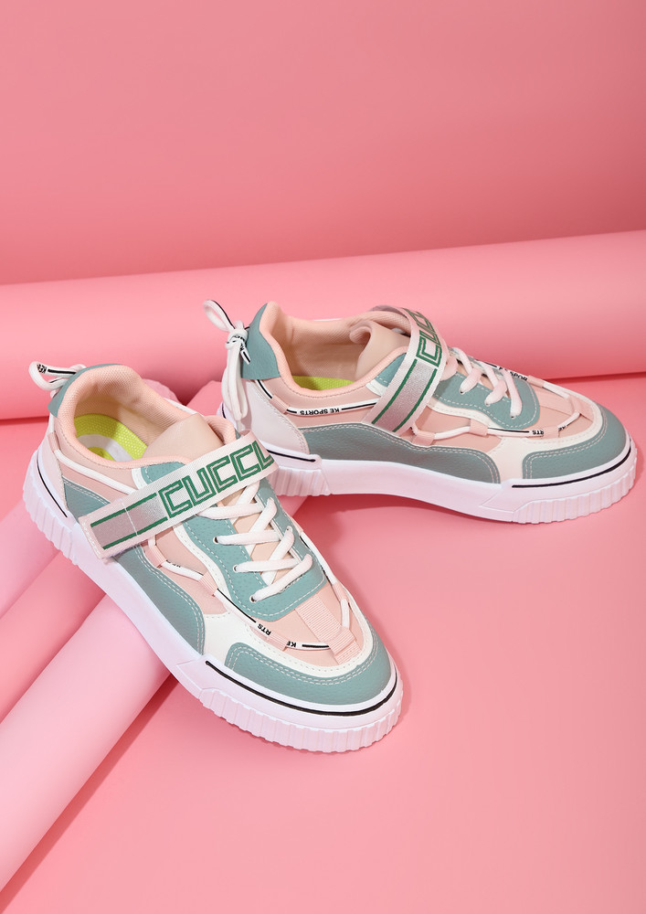 On A Walk With My Colourblocked  Buckle-up Printed Pink-green Casual Sneakers