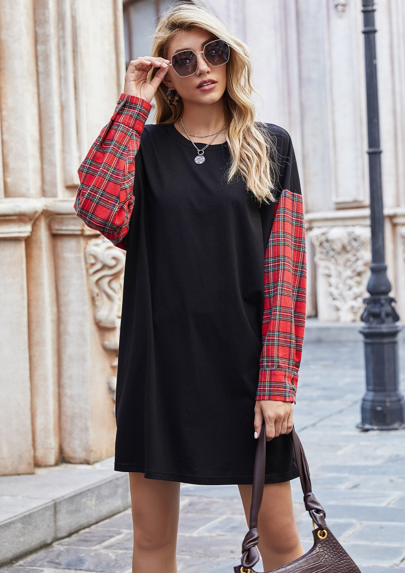 SOAKING LOVE WITH MY CREW NECK, DROP SHOULDER, PLAID PRINT, PUFF SLEEVE, BLACK-RED SHIFT DRESS