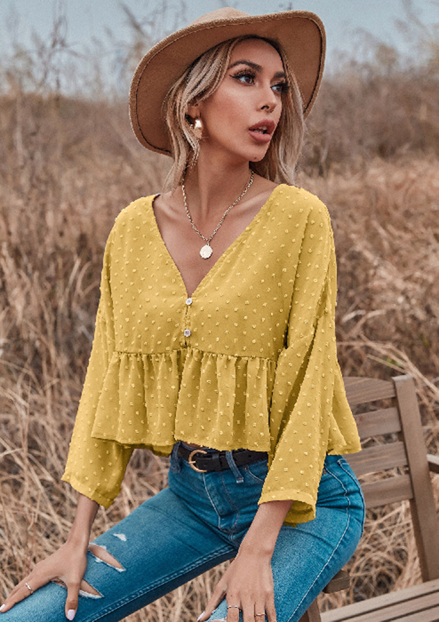 Beneath-My-Feelings,Three Fourth Sleeves, V-Neck, Swiss Dot Printed, Frill Detail, Yellow Cropped Top