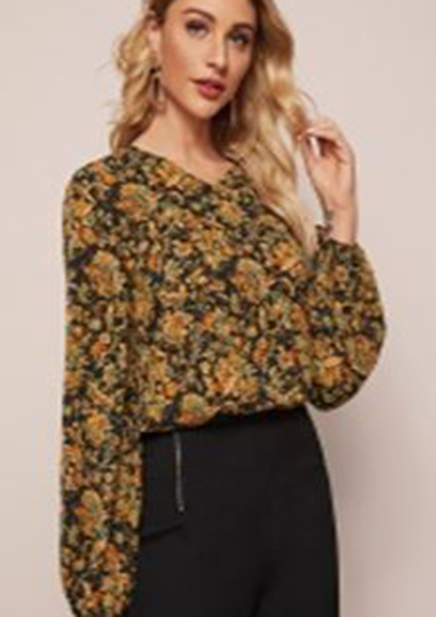 CLASSICAL-VINTAGE-GURL YELLOW V-NECK PRINTED  BLOUSE TOP