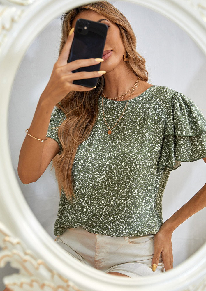 Made Her Mind In Crew Neck, Tiered Short Sleeves, Floral Print, Green Blouse Top