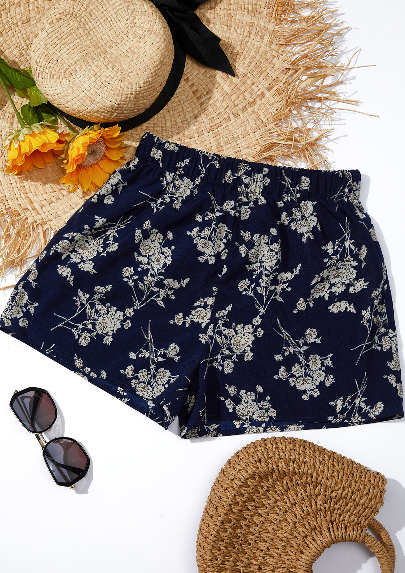 READY FOR A TRIP IN MY NAVY-BLUE, FLORAL PRINT, MID-RISE, CASUAL, BEACH SHORTS