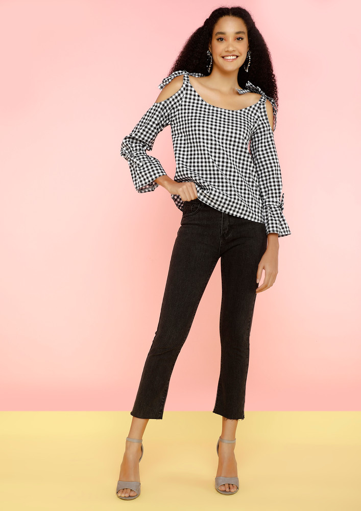 Checkered-tie-up Cold Shoulder Black-white Top