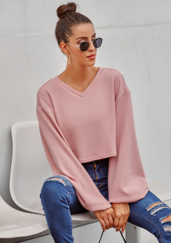 SOME COSY VIBES WITH MUTED PINK, V-NECK, DROP SHOULDER, PUFF SLEEVES, CROP TOP