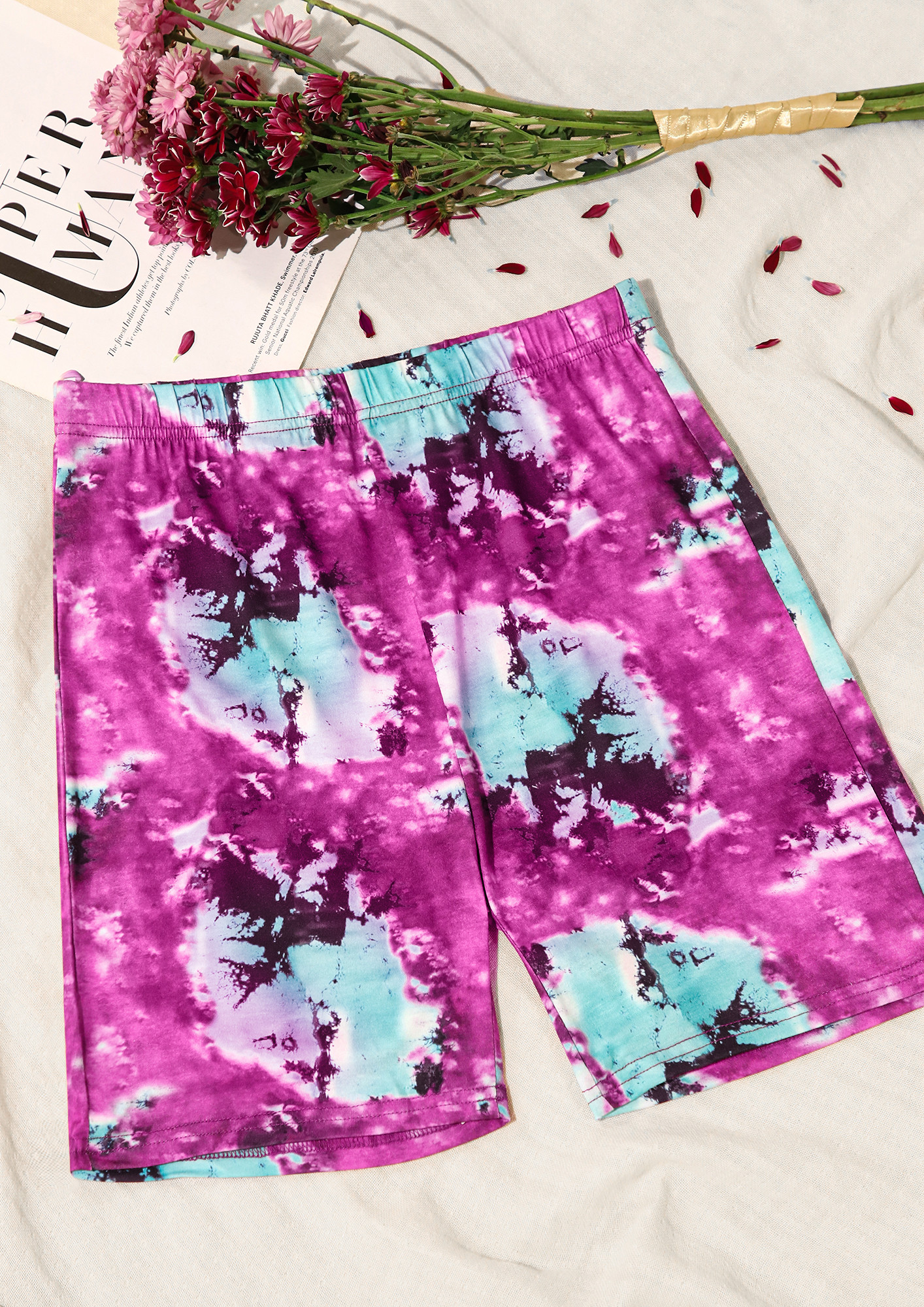 HOW ABOUT A RIDE? TIE-DYE PRINT, PURPLE CYCLING SHORTS