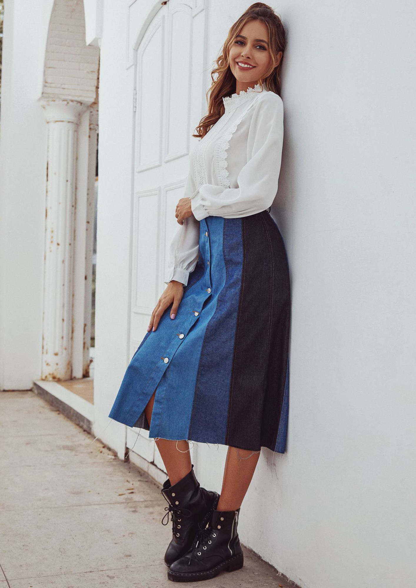 GIVE ME ALL YOUR ATTENTION COLOUR BLOCKED, BUTTON DOWN CLOSURE, A-LINE, BLUE MIDI SKIRT