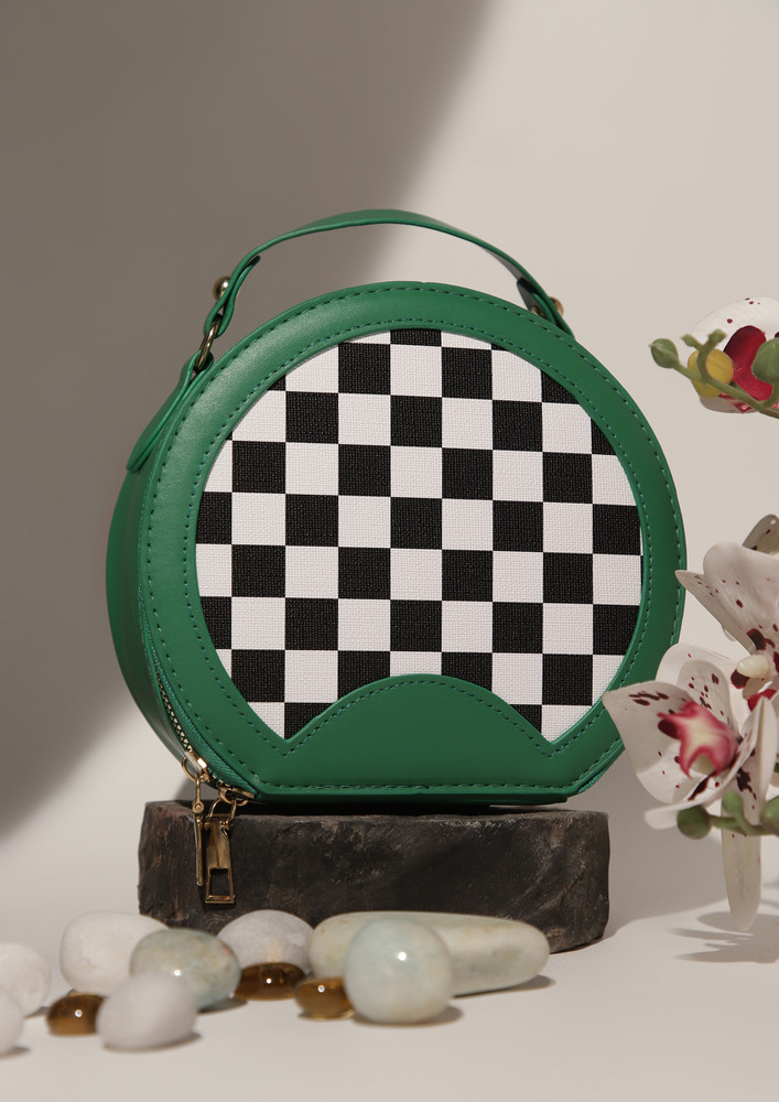 Meeting With Checkerboard Green Round Handbag
