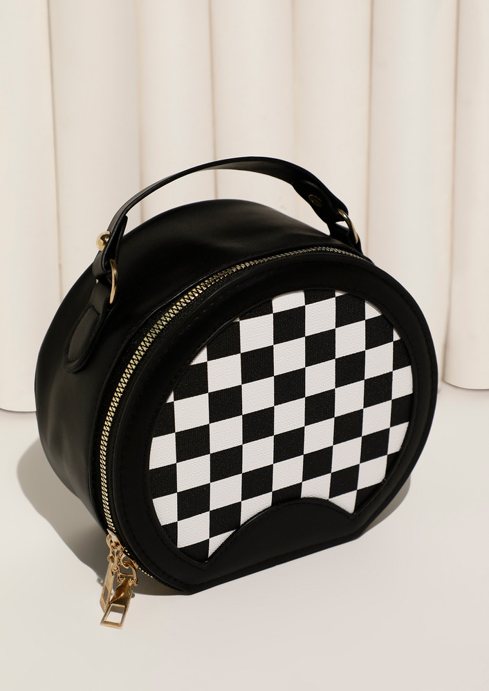 Meeting With Checkerboard Black Round Handbag