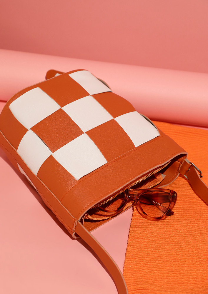 Checkerboard Orange & White Bucket Bag