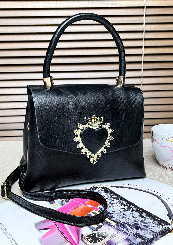 Queen Of Hearts Black Leather Handbag