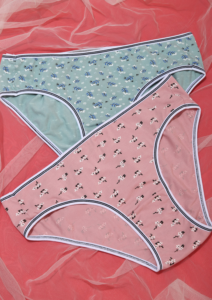 Comfort-essentials Low-waist, Printed, Contrast Trim, Light Blue & Pink, Bikini Briefs (pack Of 2)