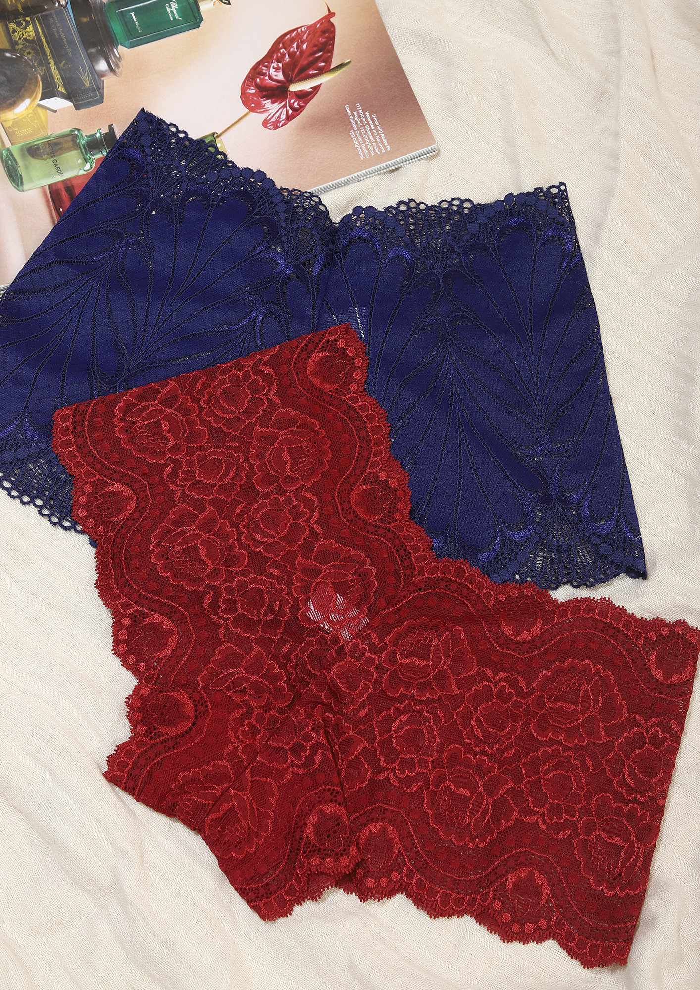 COMFORT-ATTACHED-IN-MY-MID-RISE, SOLID, PRINTED, DARK RED AND DARK BLUE , LACE-DETAIL, NYLON, BOYSHORT BRIEF SET (PACK OF 2)