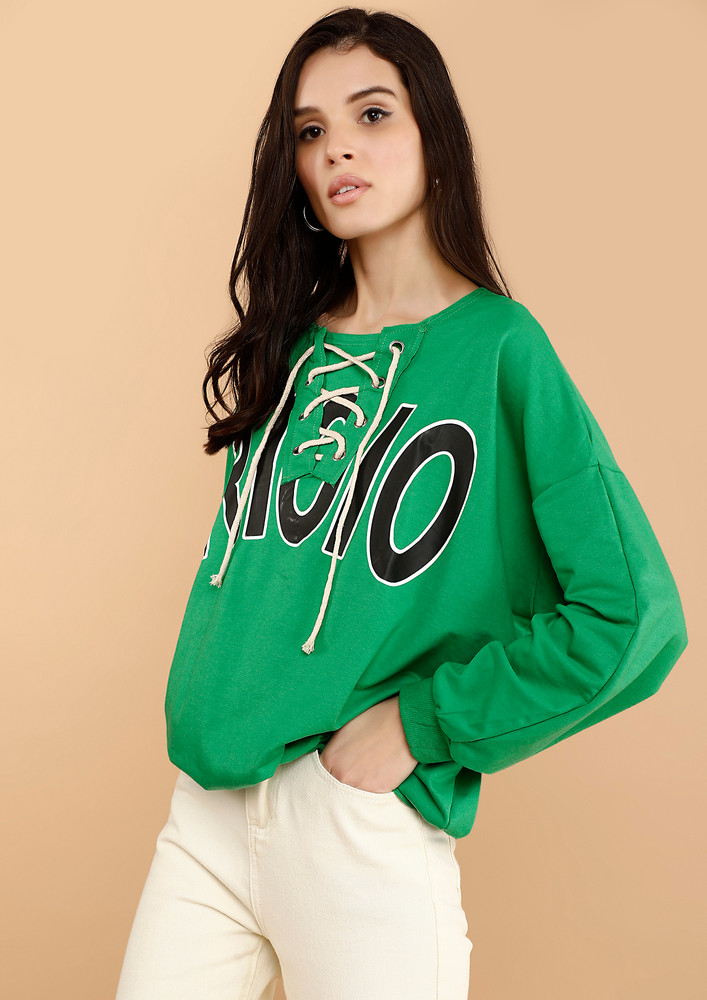 Simple In Typographic Print Solid Green Sweatshirt