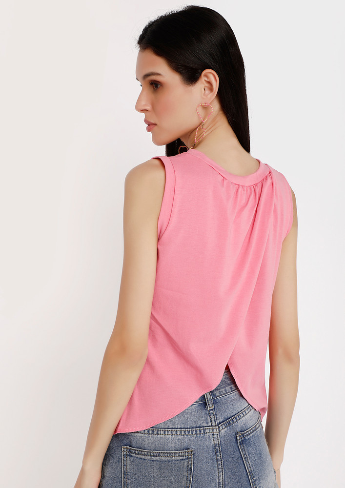 A Pink Solid Mock Neck Sleeveless Top