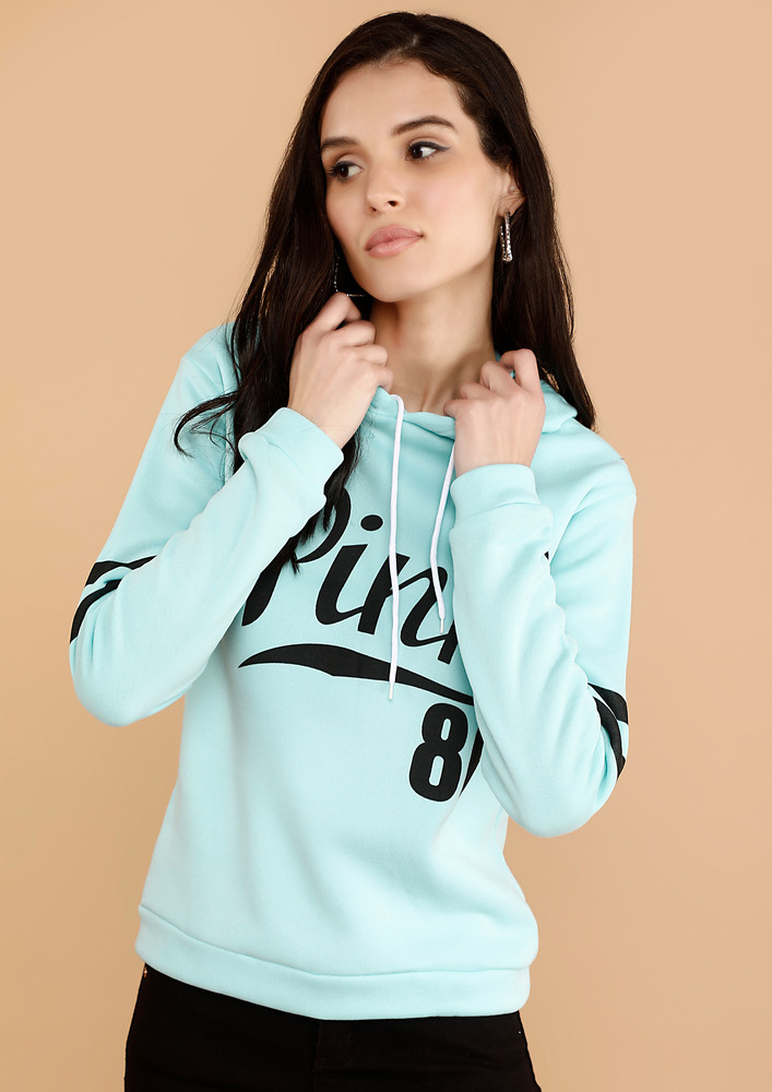 Blue Printed Front Solid Comfortable Hoodie