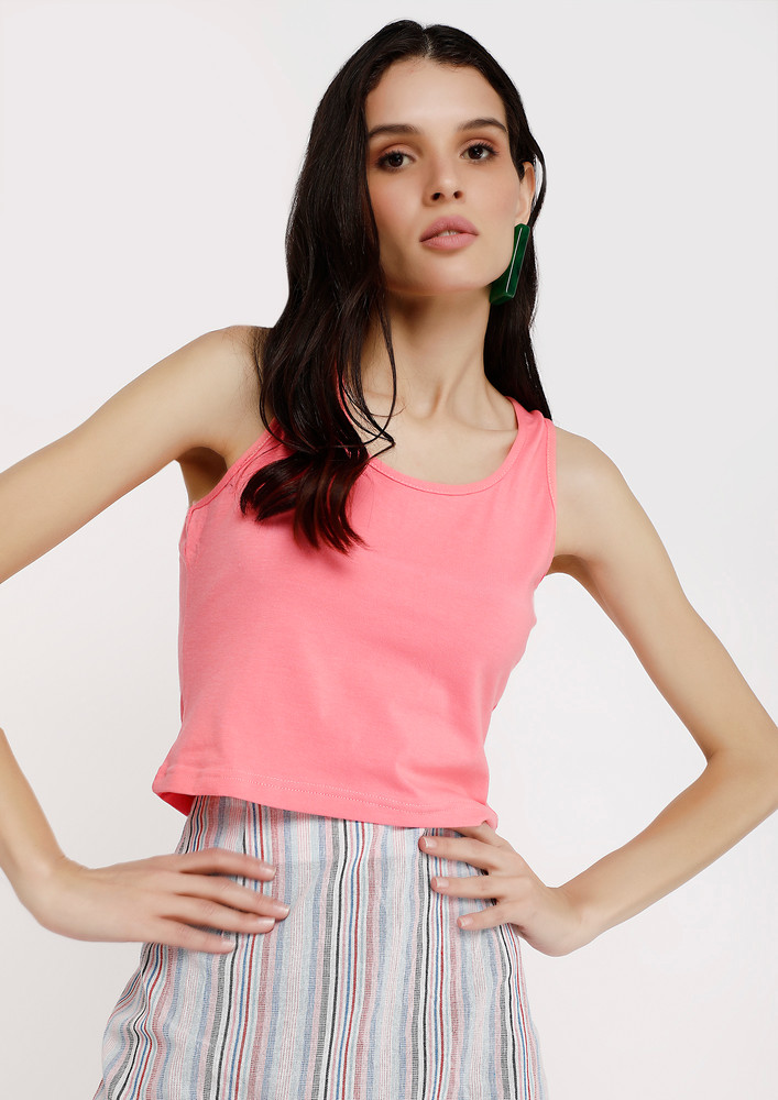 SOLID PINK ROUND-NECK SLEEVELESS TANK TOP