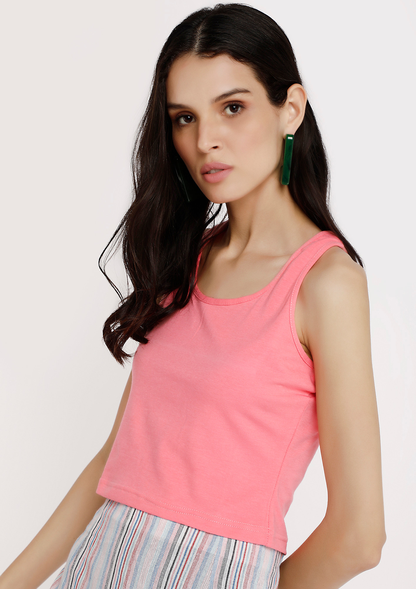 Women's & Girls' Solid Ribbed Round Neck Sleeveless Tank Tops Pink