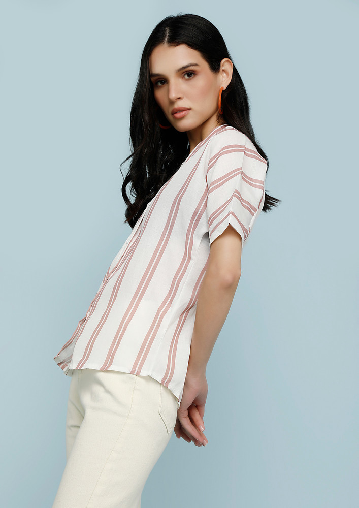 Short Sleeves Pink Striped V-neck Shirt
