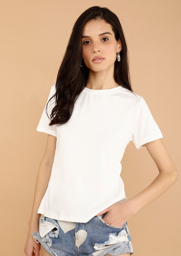 Solid White Reverse-v-cut-out Back T-shirt