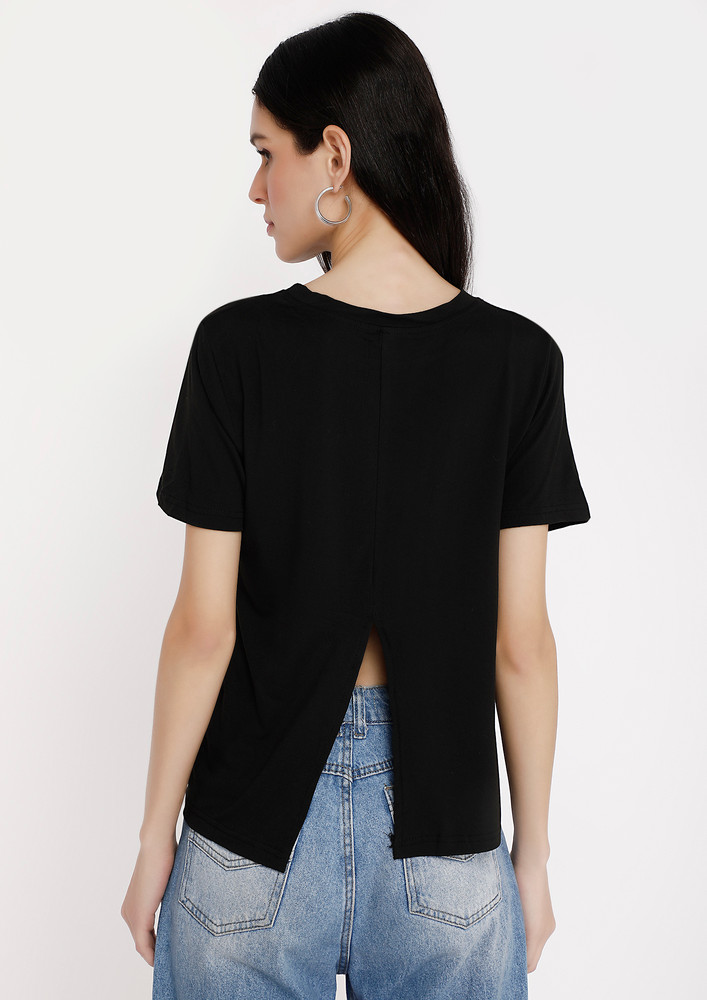 Solid Black Reverse-v-cut-out Back T-shirt