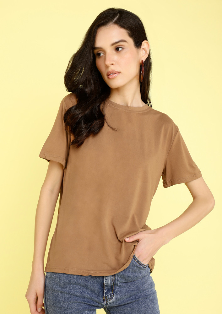 Solid Brown Reverse-v-cut-out Back T-shirt