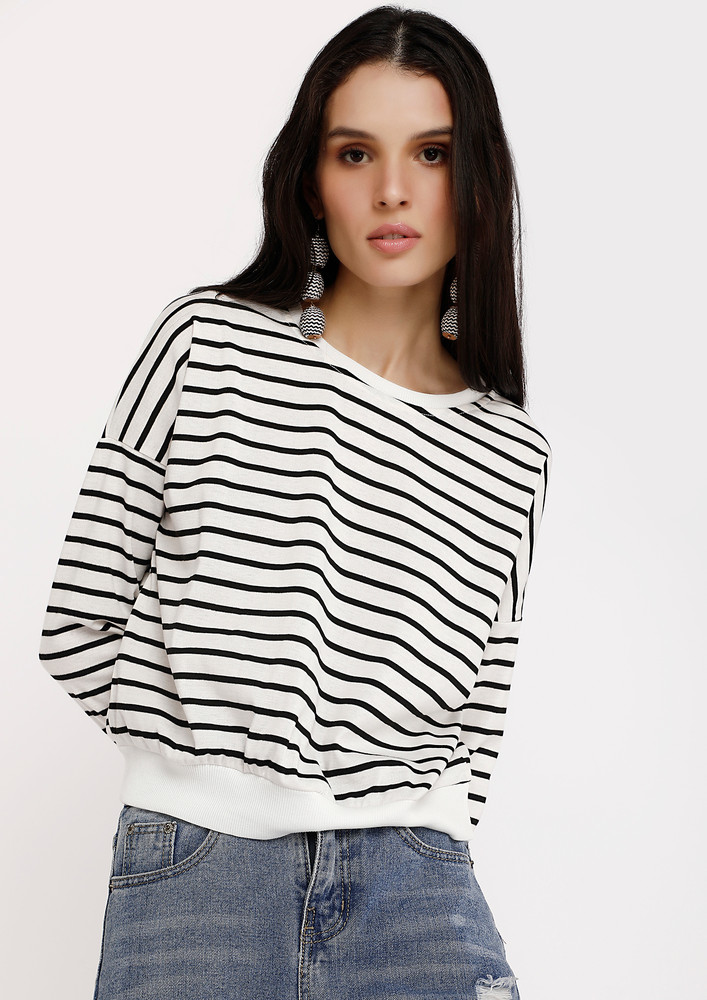 Stripe Print Ribbed Detail White T-shirt Top