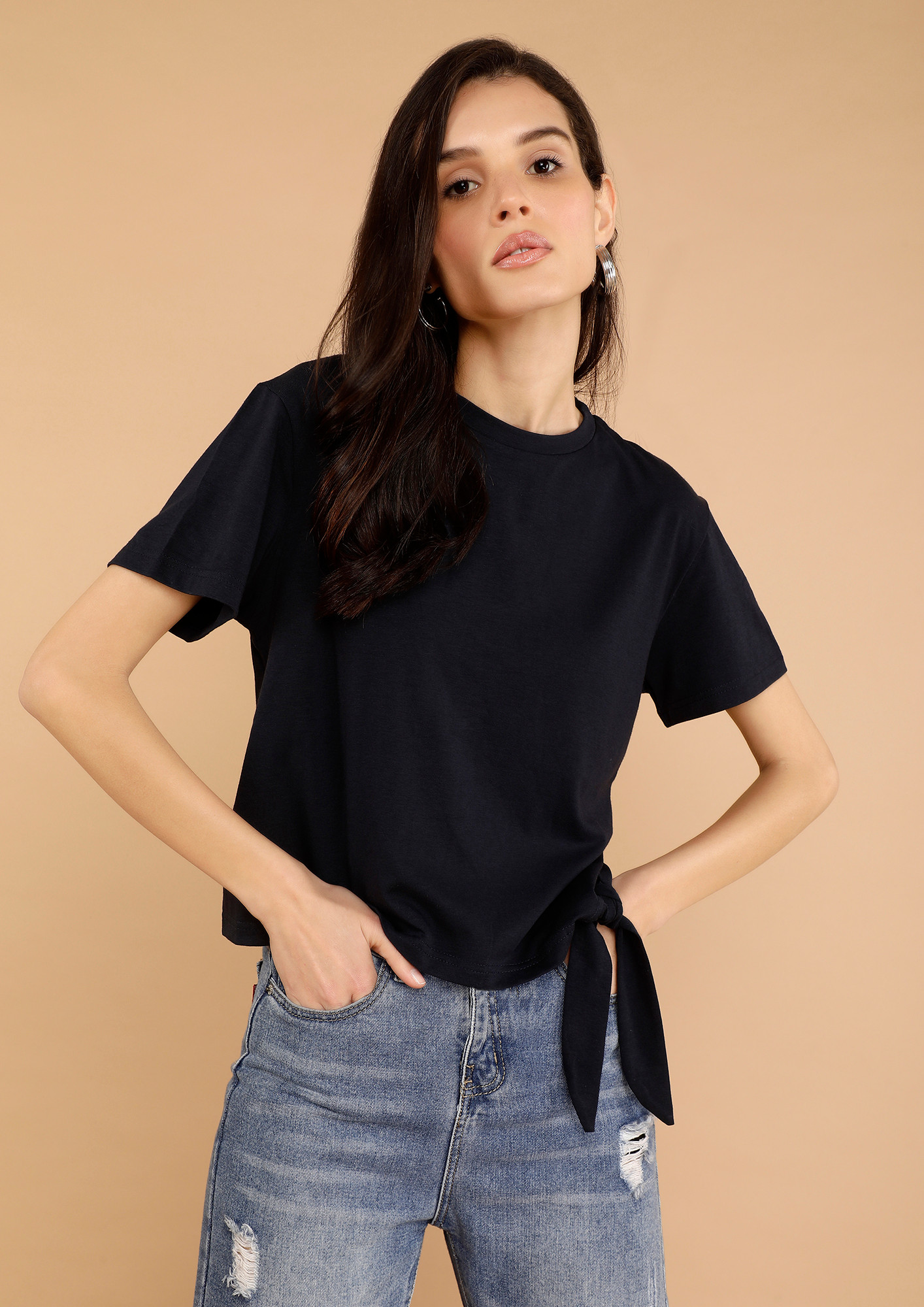 Buy SOLID SIDE KNOT-TIE DETAIL BLACK T-SHIRT for Women Online in India