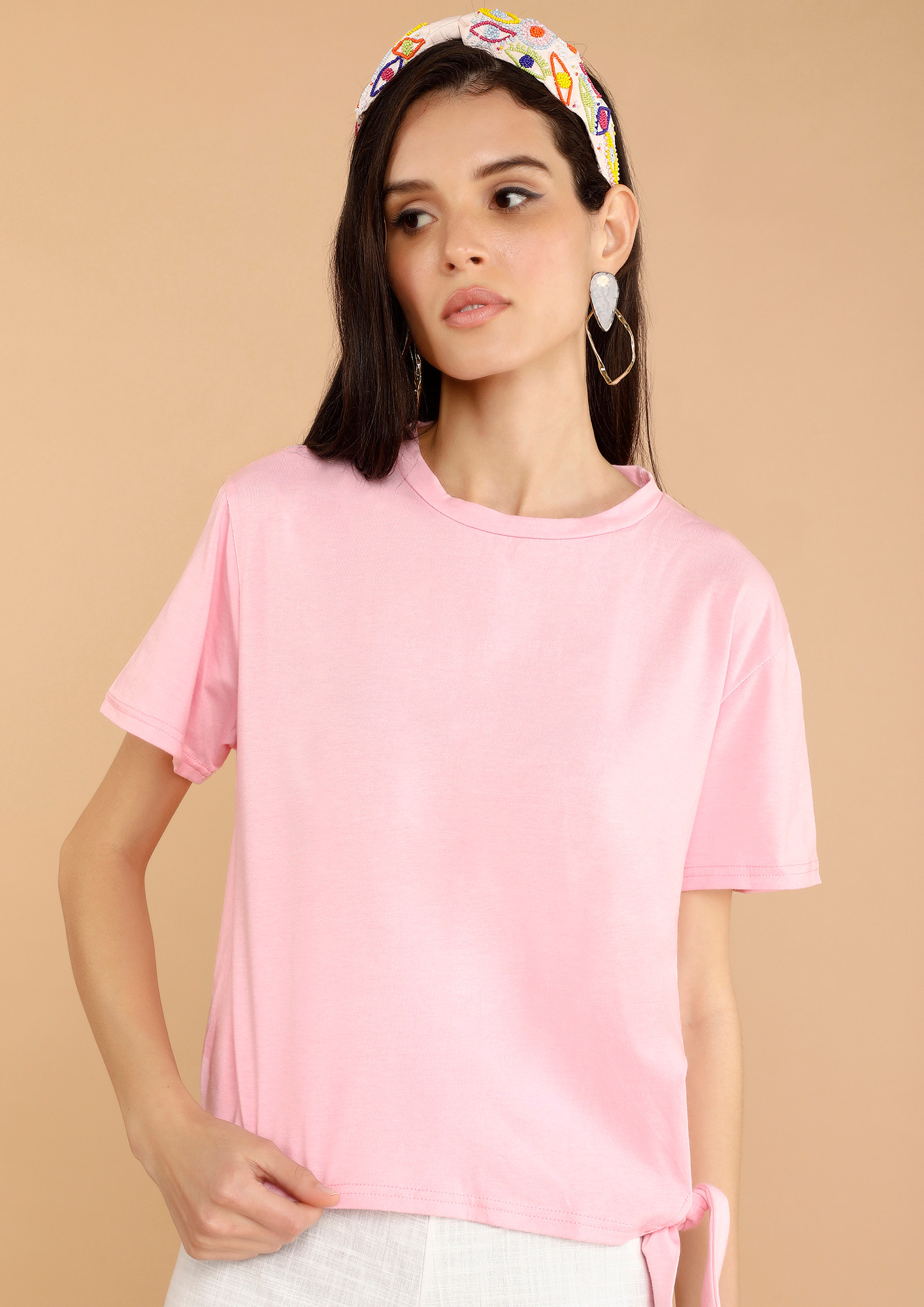 SOLID SIDE KNOT-TIE DETAIL LIGHT-PINK T-SHIRT