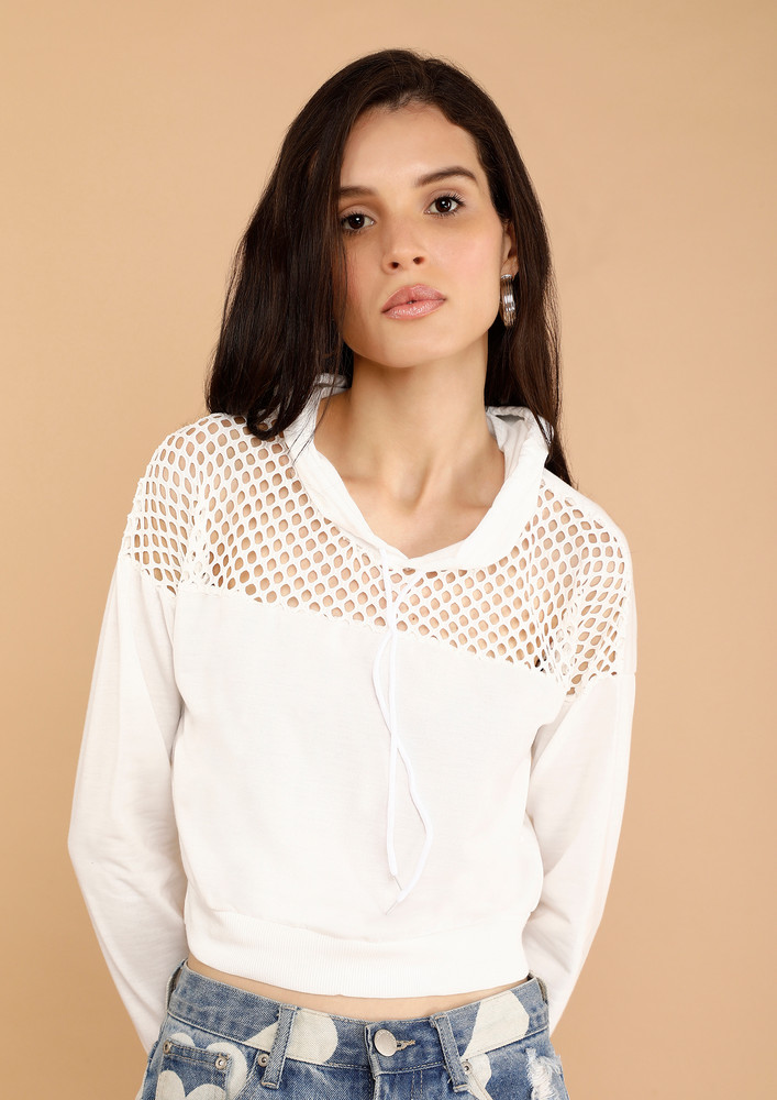 Hollow-out Shoulder Cropped Hooded White Top