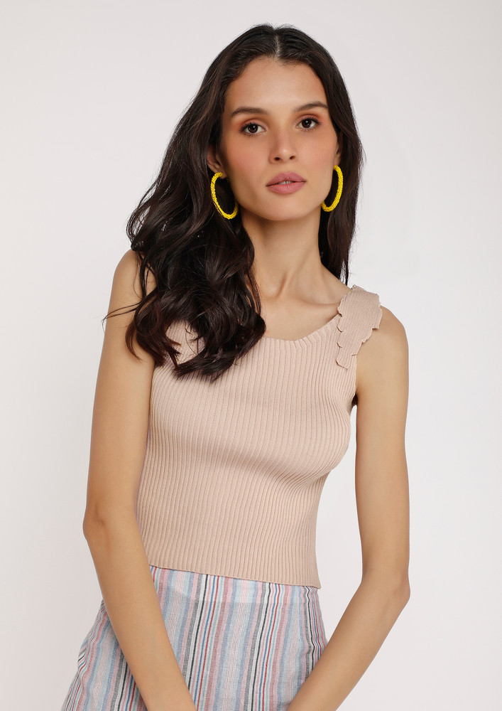 In Frill Edged Sleeveless Light-pink Crop Top