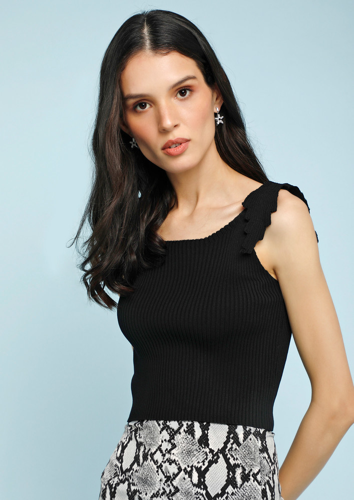 In Frill Edged Sleeveless Black Crop Top