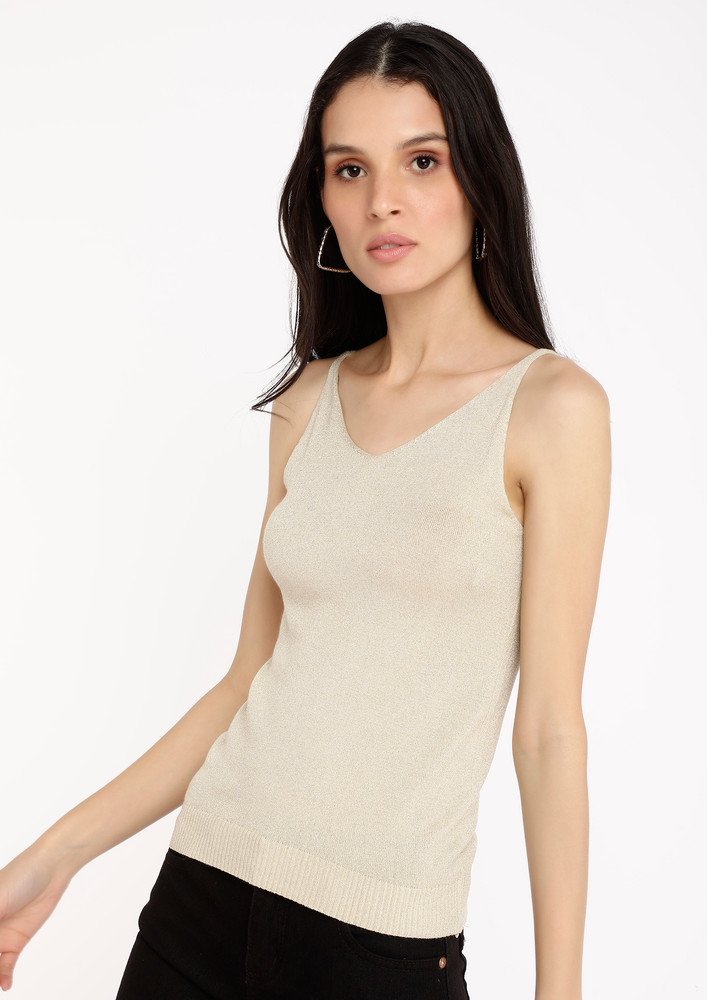 Brown Glittery V-neck Sleeveless Casual Top