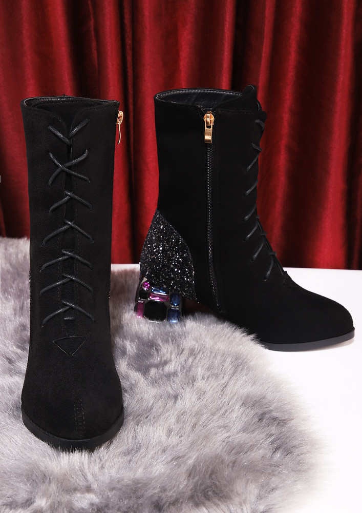 Suede Black Beaded & Embellished Boots