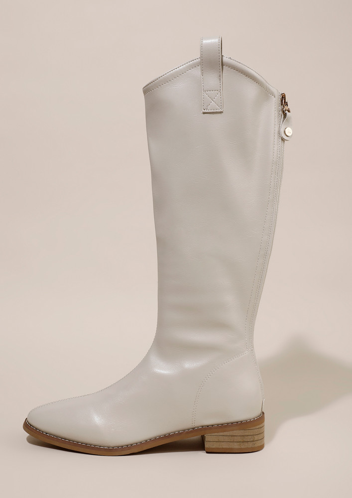 White Pu Mid-top Imitation Leather Boots