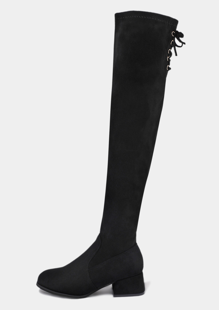 Low Heel Black Faux Leather Above Knee Boots
