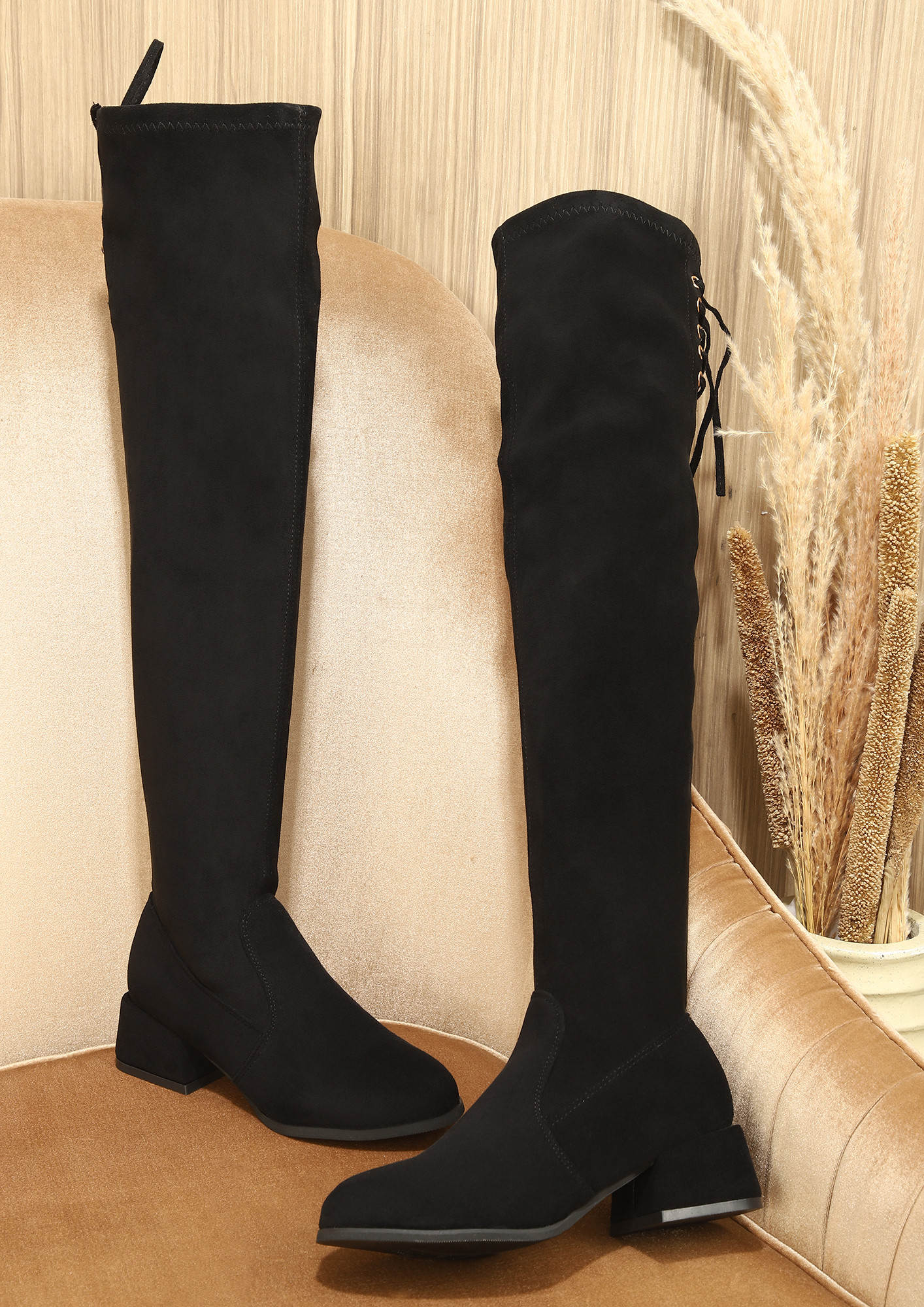 LOW HEEL BLACK FAUX LEATHER ABOVE KNEE BOOTS