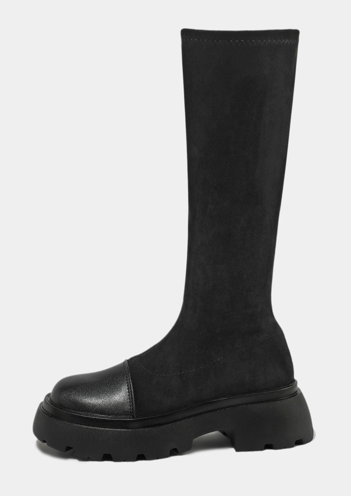 Black In Pu & Faux Leather Knee High Boots