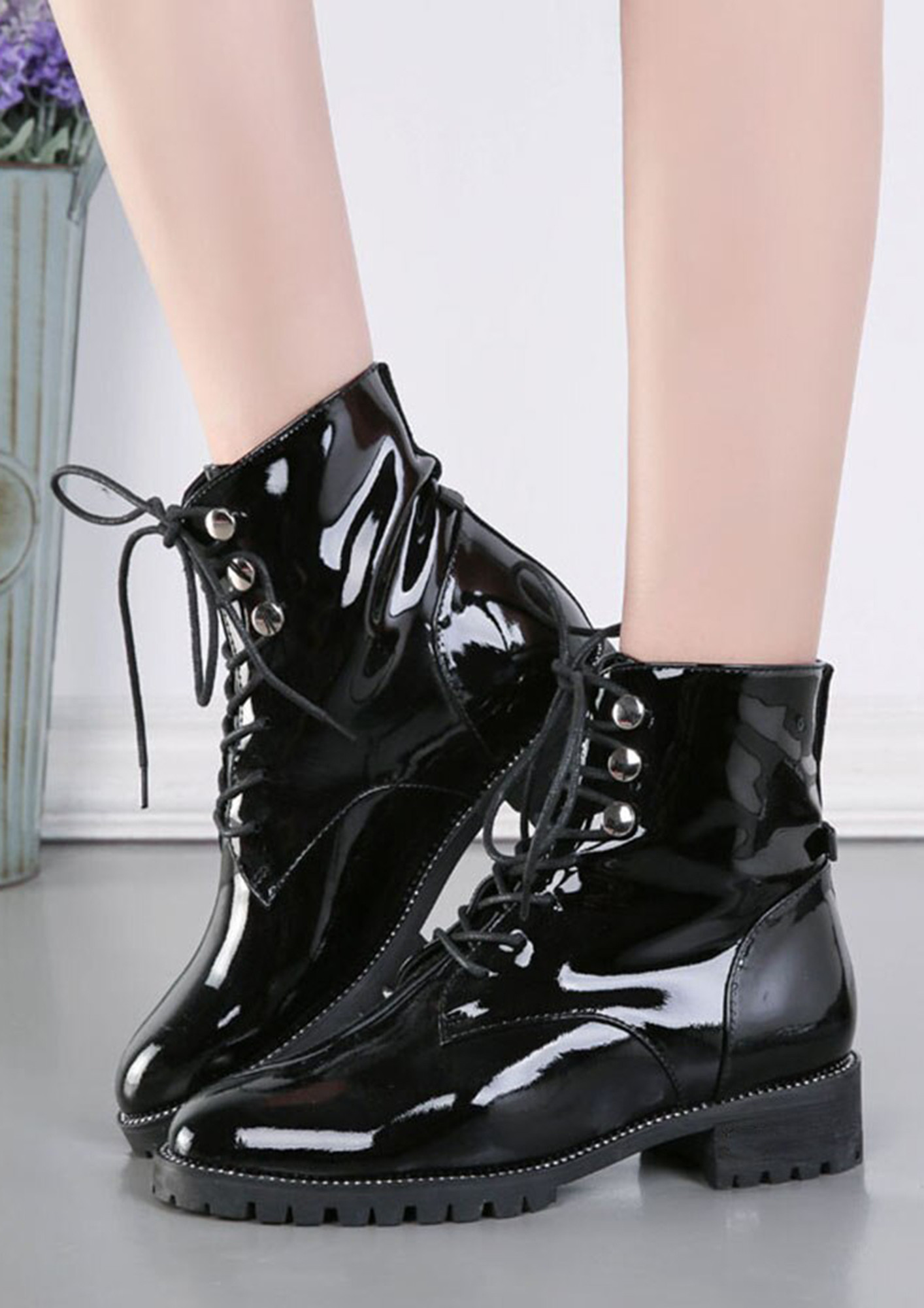 PU LACE-UP CHUNKY SOLE BLACK ANKLE BOOTS