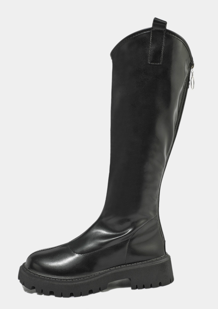 Black Contrast Chunky Patteren Knee High Boots