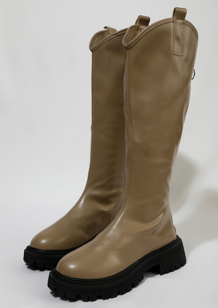 BROWN CONTRAST CHUNKY PATTEREN KNEE HIGH BOOTS