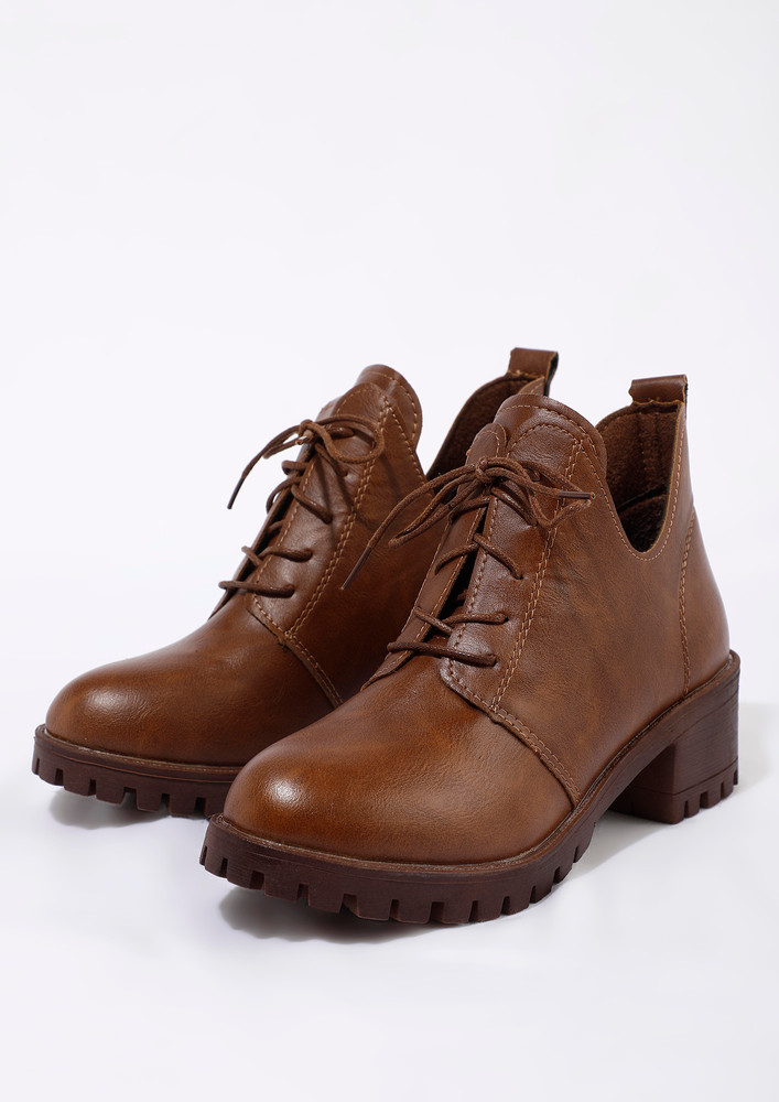 BROWN SLIP-ON LACE-UP DETAIL ANKLE BOOTS