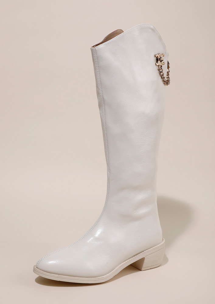 Pu White Low Block Knee High Boots